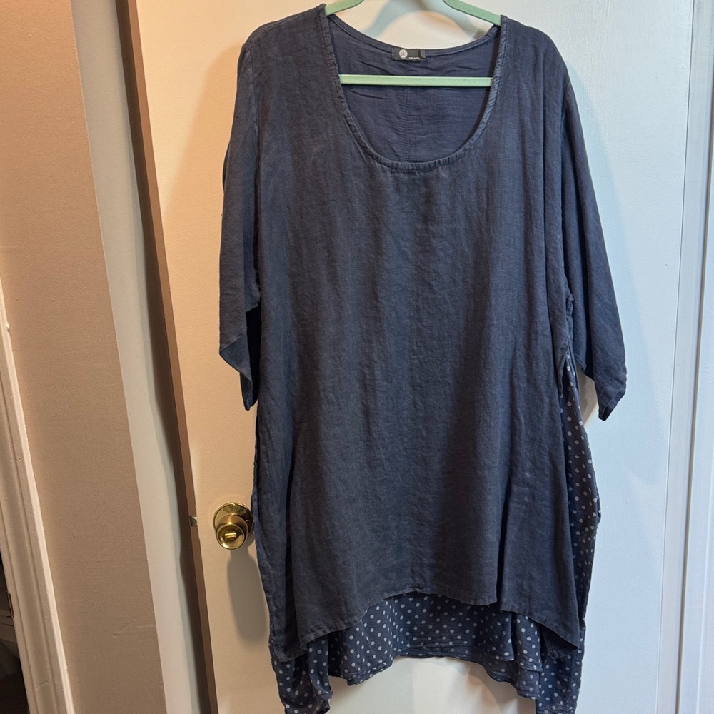 Made In Italy-  Linen Blue Polka Dot Tunic